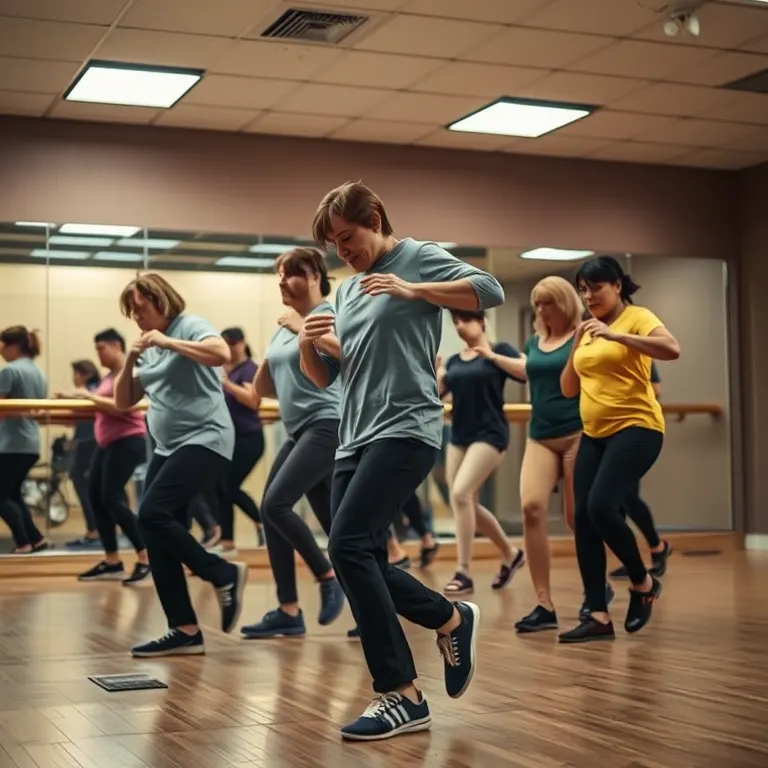 Adults al mig d'una classe de hip-hop al vespre